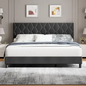 Grey King Size Bed Frame with Upholstered Headboard, Heavy-Duty Platform Bed Frame with Strong Wood Slats, No Box Spring Needed, Noise-Free, Easy Assembly