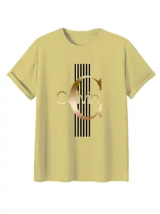 Calvin Gold Letter Print T-Shirt, Unisex Loose Fit Casual Top, Short Sleeve Geometric Pattern, All Seasons Fashion