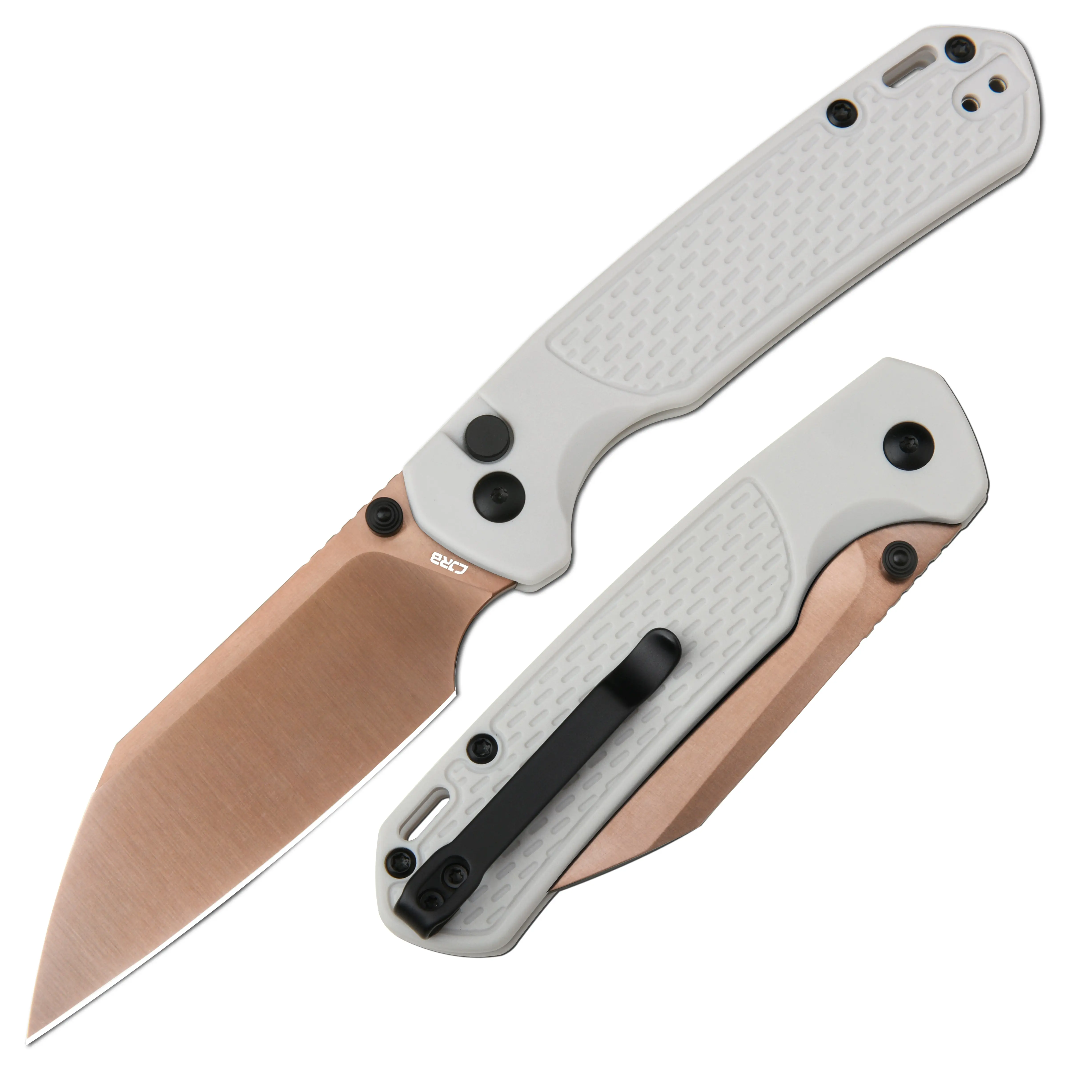 CJRB Pyrite-Light J1945-RGY Foldable Compact Durable Folding Pocket Knife - AR-RPM9 Steel Rose Gold Blade, FRN Light Grey Handle, Tough Cuts, EDC Gear Enhancement, Cool Gifts for Guys, Unique Gifts for Man