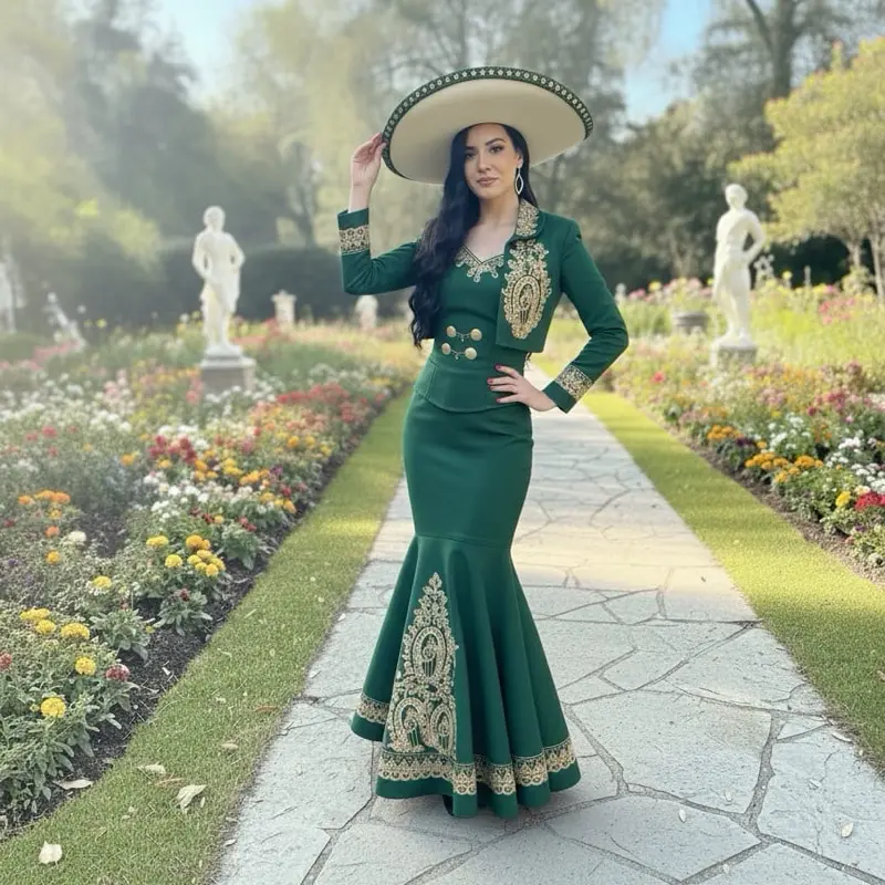 Charro Dress - Green Embroidered Long Sleeve Fitted Dress with Flared Skirt and Embellished Design NO include Hat