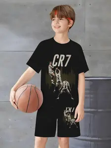 Boys' Sports Trendy Set Cr7 Football Idol Print, Skin-Friendly Durable, Basketball Sport Two-Piece, Casual Slim-Fit