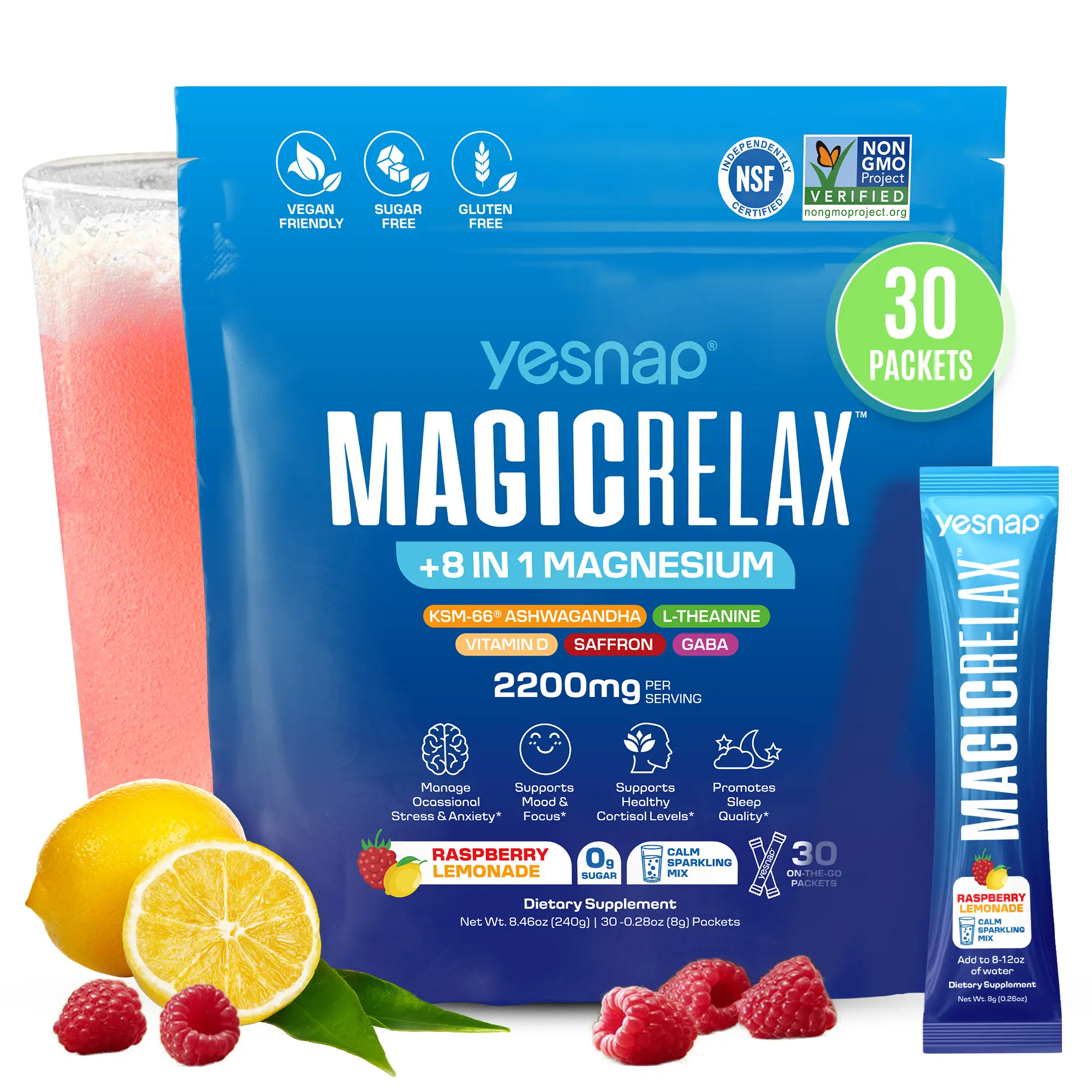 Yesnap MAGICRELAX Anti-Stress Powdered Supplement Drink Mix, 8-in-1 Magnesium KSM-66 Ashwagandha Saffron Vitamin D3 GABA L-Theanine, Cortisol Balance Mood Sleep Support, 30 Servings, No Sugar Non-GMO Raspberry Lemonade Flavor
