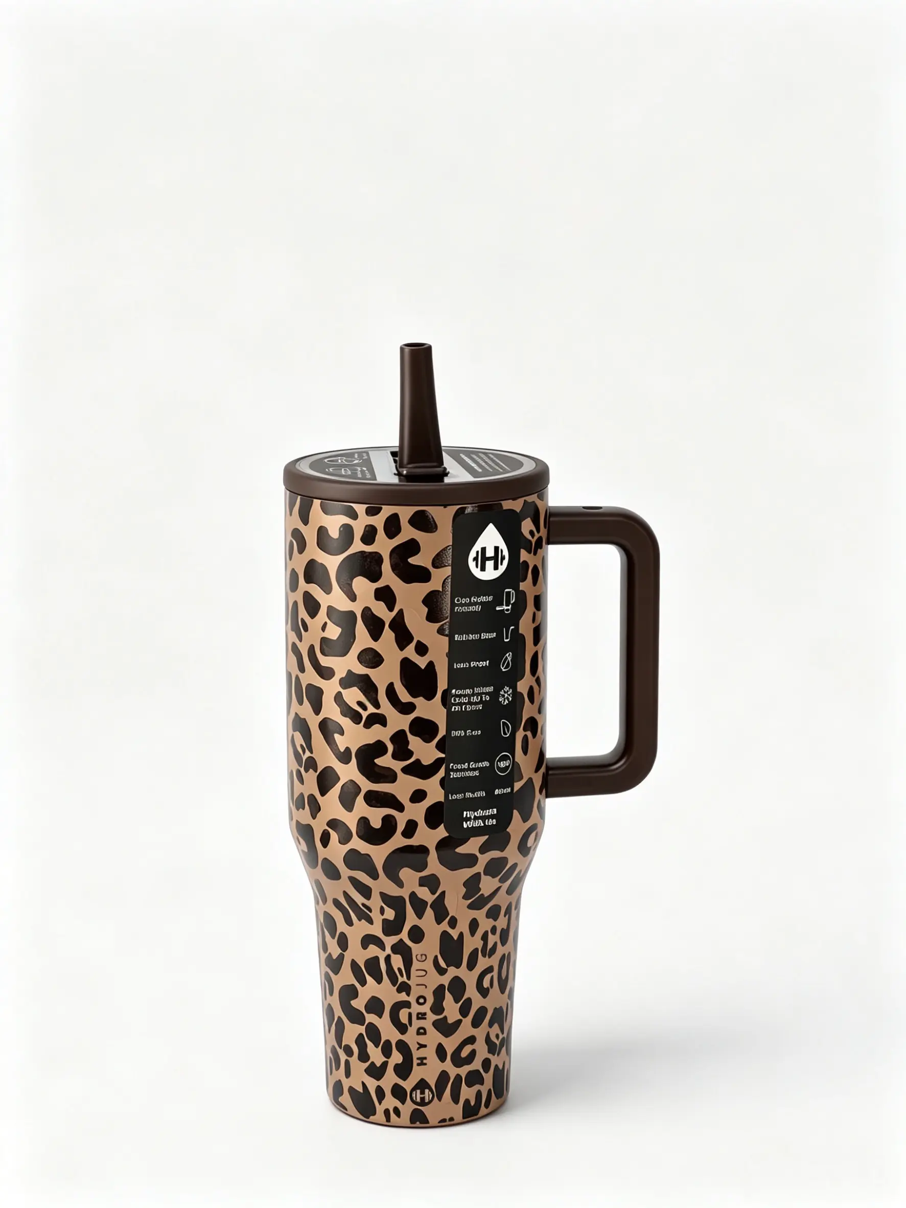 HydroJug 40oz Classic Leopard Print Stainless Steel Vacuum Flask - Insulated, BPA-Free Water Bottle with Straw, Ergonomic Handle, Cupholder Ready, BPA-Free Sipping, 1000-2000ml, 7-12 Hours Cold/Hot Retention, Sports/Home Use Tumbler, Anti-Scalding, Water