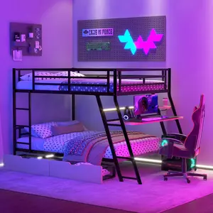 Full Over Full Bunk Bed Frame with Desk, Gaming Bunk Bed, Full Over Full Size Metal Bunk Bed Frame with Built-in Desk, LED Light, 2 Drawers, Safety Guard Rails and Ladder, Heavy-Duty Steel Frame Bunk Bed for Bedroom (Black)