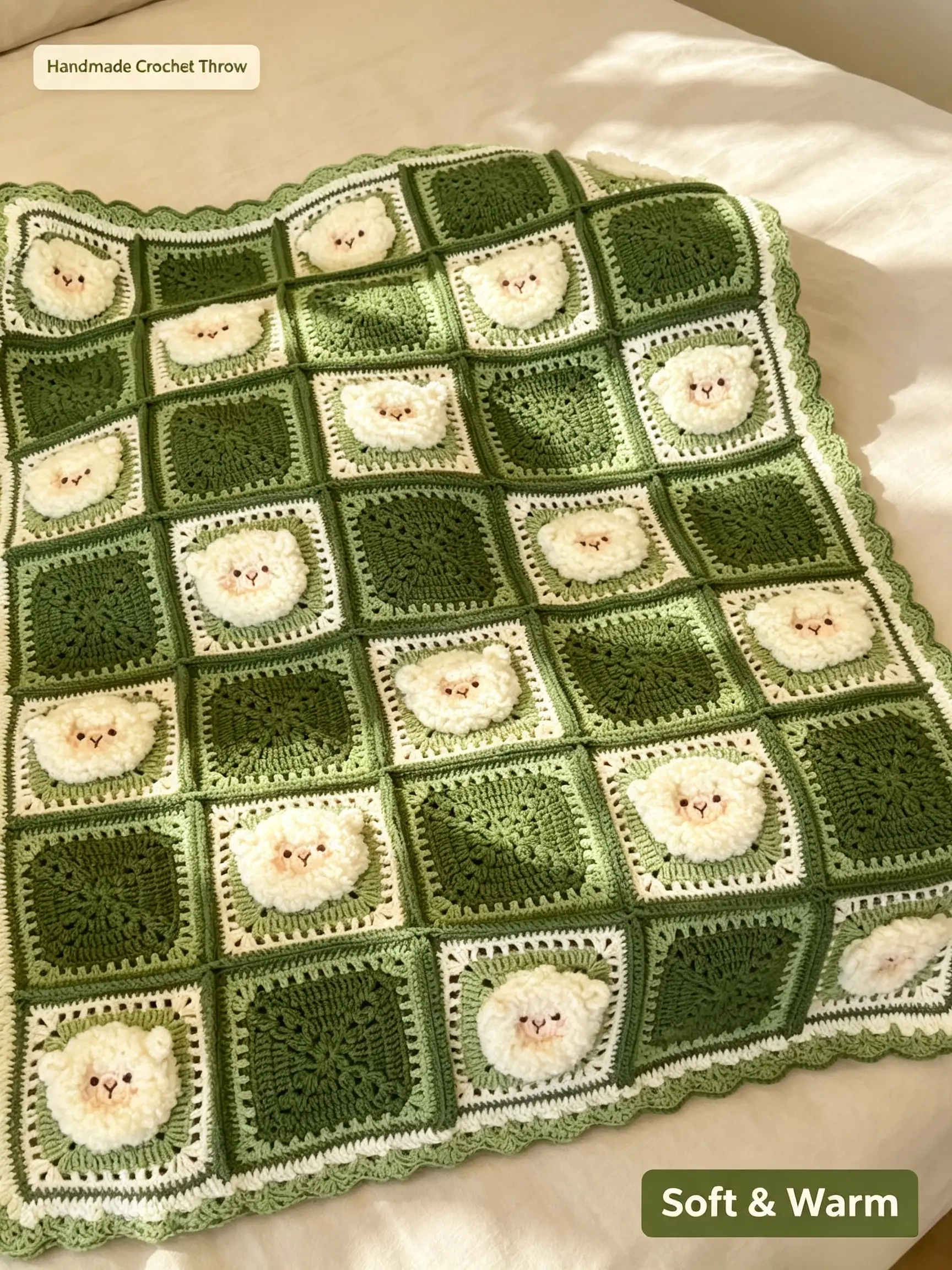 Handmade Crochet Sheep Granny Square Throw Blanket Sage Green 3D Lamb Knitted Blanket Cottagecore Decor Sofa Bed Blanket