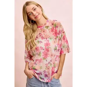 BiBi Floral Print Short Sleeves Boxy Mesh Top