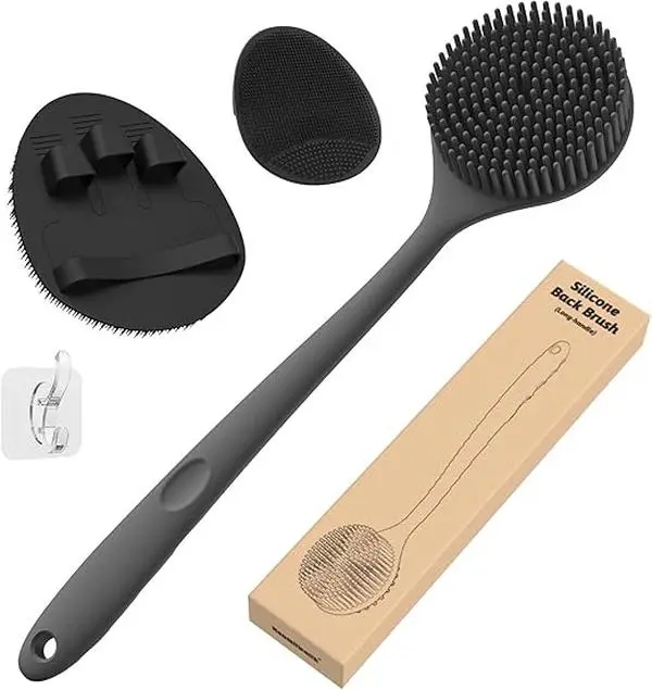 Silicone Back Scrubber (Thick Bristles) & Bath Glove & Face Brush Set(3PCS), Super-Exfoliating & Lathering Body Scrubber, Shower Brush, Face Scrubber Combination, with a Free Hook.(Black) Accessories Hanging Cleaning Plastic Cleaning Plastic Hand Personal