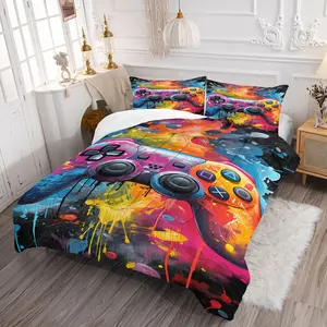 Neon Gaming Controller Comforter Set,Cyberpunk Gamer Bedding Set,1 Comforter & 1-2 Pillowcases,Graffiti Style Game Print Bedding,Trendy E-Sports Print Bedding Set,Ideal for Teens & Gamers Bedroom Decor & Gift