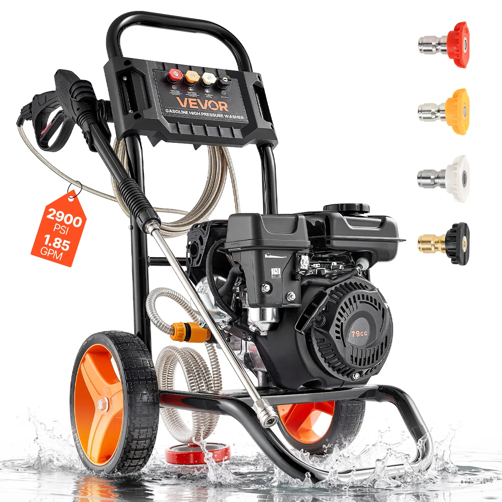 【summerfinds】VEVOR High Pressure Power Washer, 2900 PSI 1.85 Max GPM, Upgrade Aluminum Pump, Adjustable Water Pressure Spray Gun, Wand, 4-Piece Power Washer Nozzle Set, Heavy Duty Cleaning Machine for Cars, Driveways, High Pressure Washer, Pressure Was