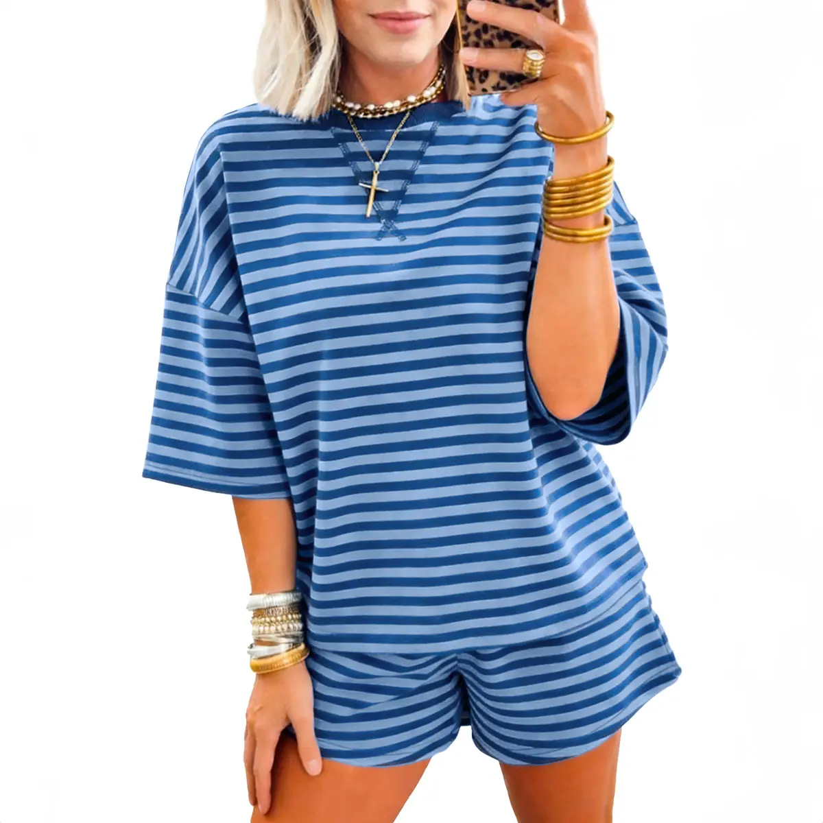 Znacicc Women's Preppy Navy Blue Stripe 2-Piece Ribbed Cotton Clothes Set - Chest Embroidery, Short & Top Set for Loungewear, Casual Summer Outfits