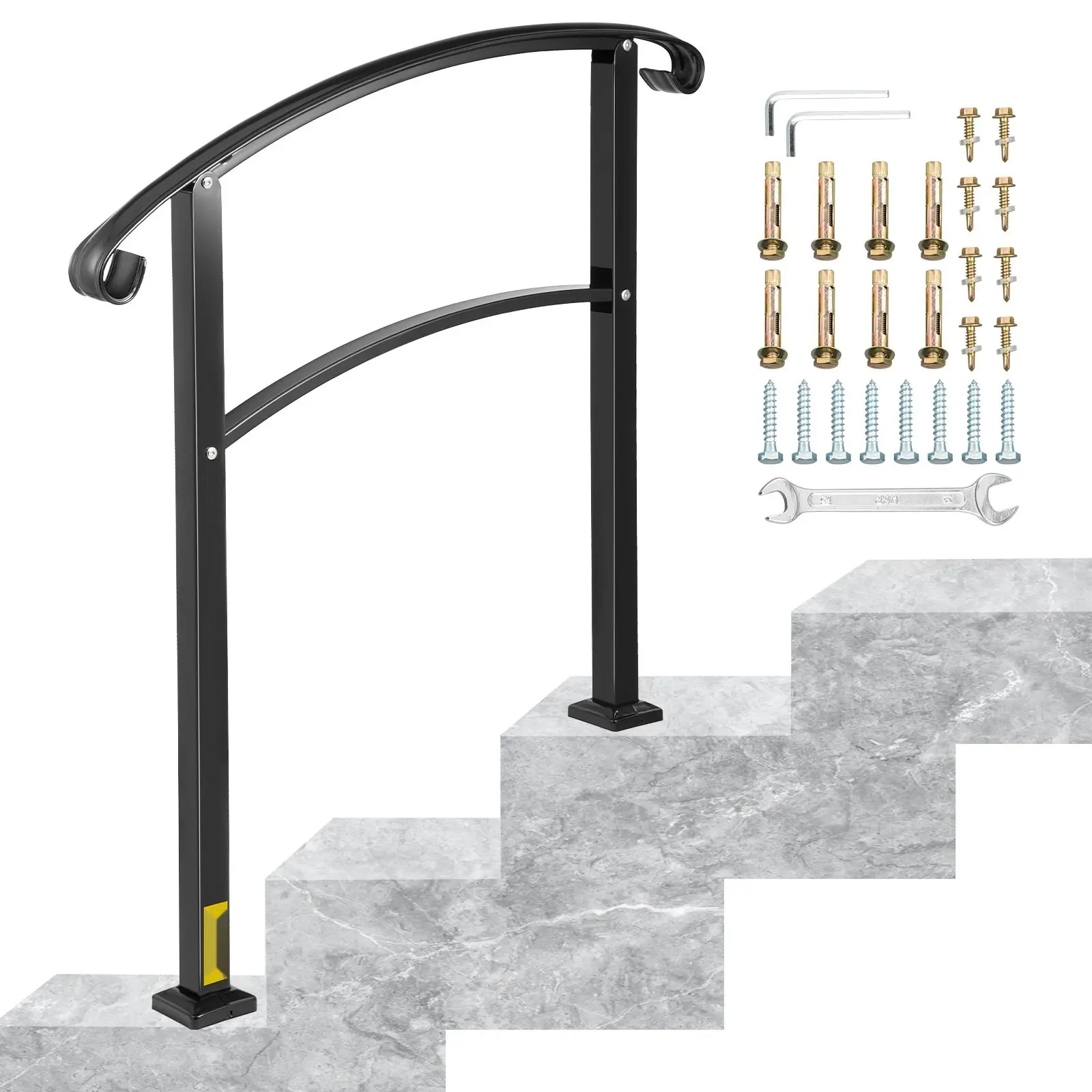 3-Step Transitional Handrail For Outdoor Stairs, Fits 1 Or 3 Steps, Matte Black Wrought Iron Hand Rail With Installation Kit, Nonadjustable Exterior Stair Rail For Porches And Entryways, Durable Powder-Coated Metal