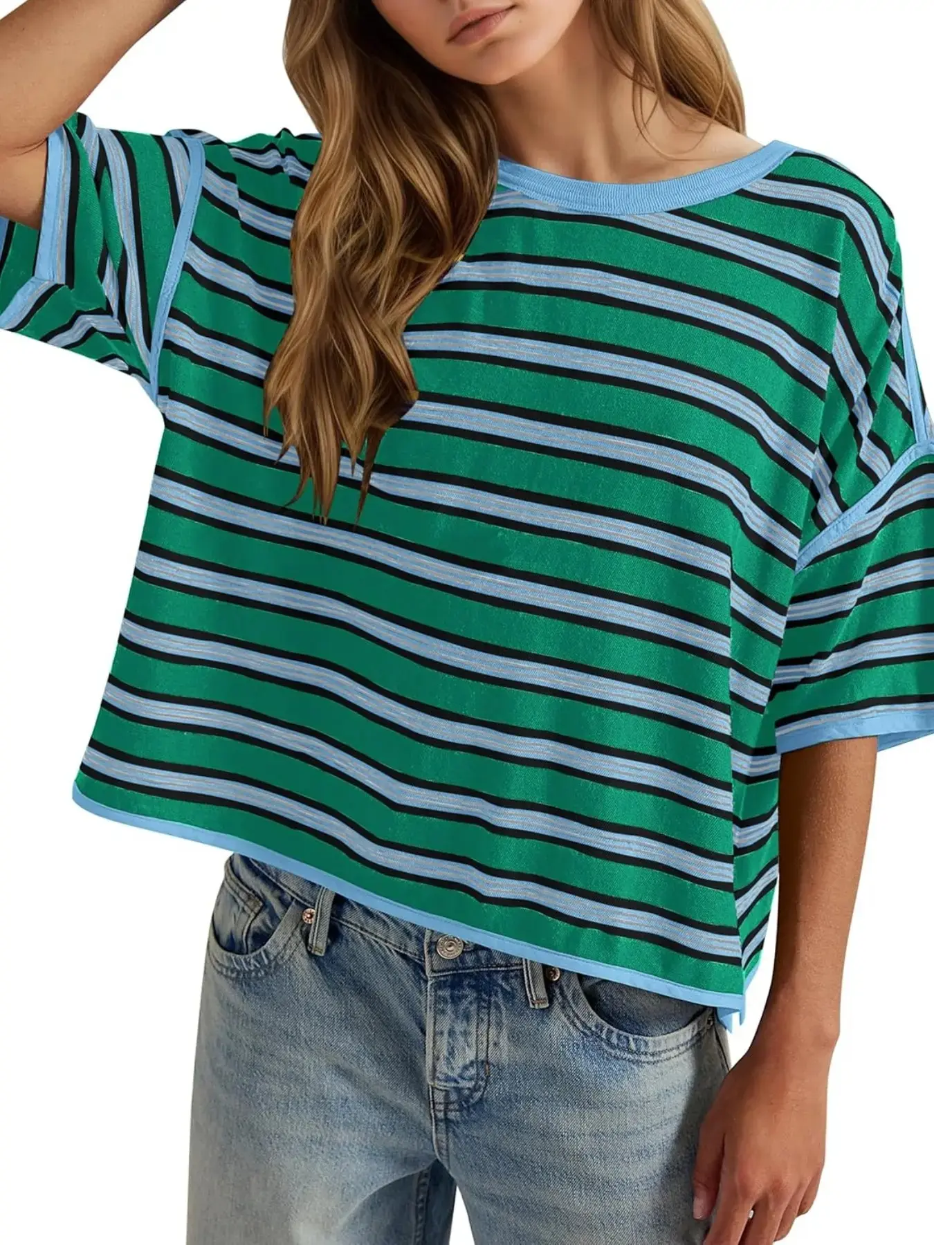Striped Colorblock Loose-Fit Knit T-Shirt for Women, Round Neck Breathable Casual Summer Tee Design, Medium-Length Everyday Streetwear Style Look, Modern Minimalist Silhouette Trending Now, Effortless Relaxed