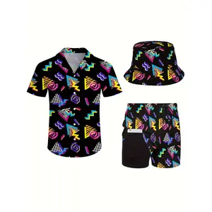 Men's 3-Piece Retro 80s-90s Fashion Tropical Outfits Beach Set - Elastic Printed Shortsleeve Sportswear, Simple Hawaiian Shirt, Zipper-Pocket Shorts, Vintage Hat, Father's Day Gift for Dad