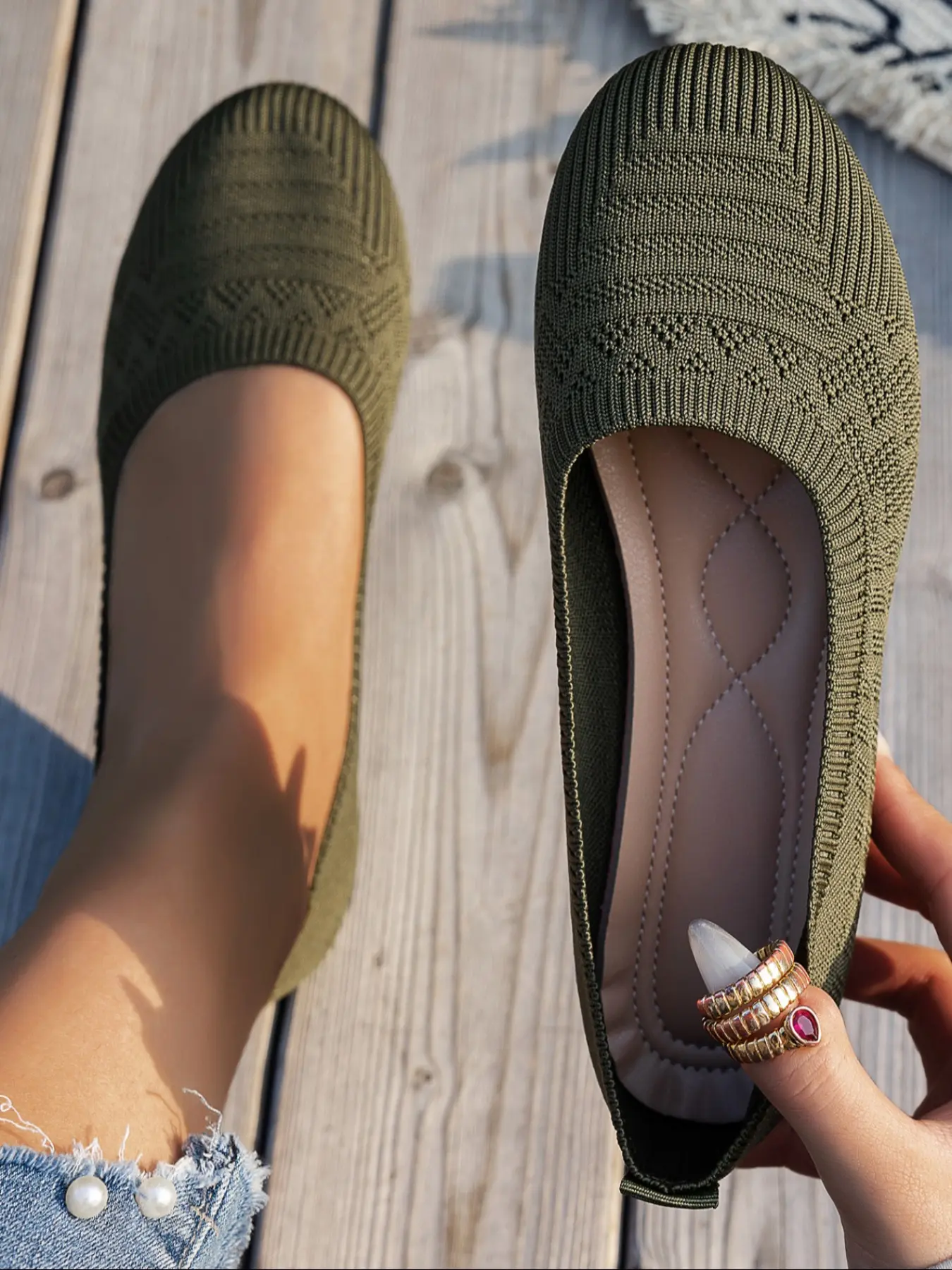 Women's Ballet Flats, Round Toe Mary Jane Shoes, Adjustable Comfortable Knit Slip-Ons, Classic Daily Wear, Rubber
