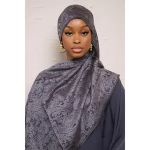 Jacquard Elegance Hijabs - Charcoal Color with Intricate Paisley Weave Lightweight Breathable Soft Fringe Edges for Everyday Wear & Special Occasions