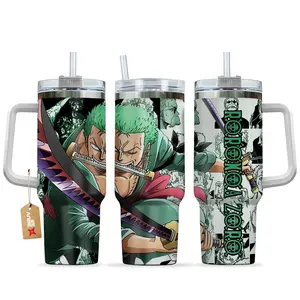 [WDC] Roronoa Zoro Tumbler 40oz With Handle Stainless Steel Tumbler, Pirate Hunter Three Sword Style Anime Gaming Cup, Iced Coffee Travel Mug, Gift for Otaku, Anime & Gaming Fans