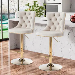 Bar Stools Set of 2, Swivel Adjustable Counter Height Velvet Upholstered Barstools with Nailheads Trim, Button Tufted Back and Metal Footrest, Bar Chairs for Dining Room Home Bar Kitchen