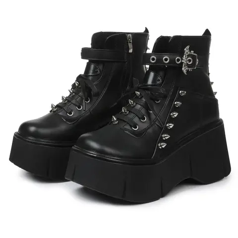 AOSPHIRAYLIAN Women's Black Platform Ankle Booties - Walking Shoes with Punk Rivets, Buckle, Lace-Up Fit, Quick-On Zipper, Round Toe, Chunky Block Heel Wedge, Dark Aesthetic Edgy Footwear for Goth, Motorcycle Riding,outdoorfun