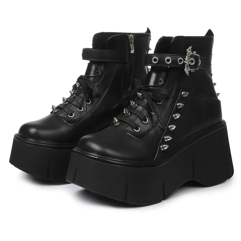 AOSPHIRAYLIAN Women's Black Platform Ankle Booties - Walking Shoes with Punk Rivets, Buckle, Lace-Up Fit, Quick-On Zipper, Round Toe, Chunky Block Heel Wedge, Dark Aesthetic Edgy Footwear for Goth, Motorcycle Riding,outdoorfun