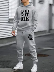 Men's Hooded Sweatshirt Set 2-Piece Letter Print Graphic Long Pants Casual Fitted Fall Winter
