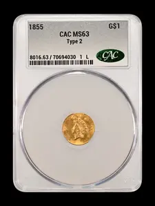 1855 $1 Dollar Gold Type 2 MS 63 CAC 1855 $1 Dollar Gold Type 2 MS 63 CAC