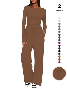 Women's Solid Ruched Drawstring Loungewear Set, Fitted Long Sleeve Round Neck Top & Pockets, Organic Textile, All Seasons