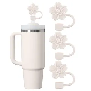 Clakioom Straw Cover Cap for Stanley Cup 3Pcs Flower Silicone Straw Toppers Accessories Compatible with Stanley Cup 30&40 Oz Tumbler Straw Tips Lids for Home and Party Decor (Beige)