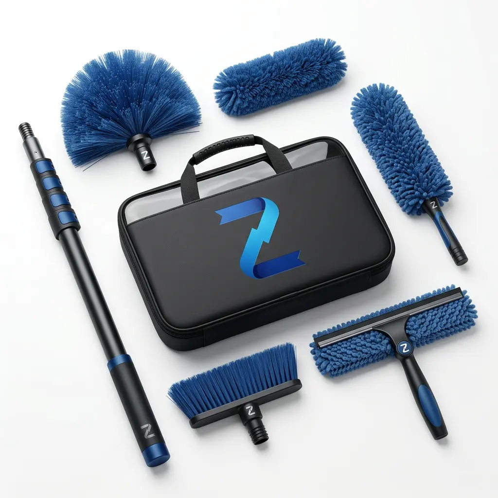 ZENTRO High Reach Duster Kit with 20FT Extension Pole - Multi-Purpose Cobweb Duster, Ceiling Fan Cleaner, and Window Squeegee Tool - Telescopic Long Handle Cleaning Set for Glass and High Roofs