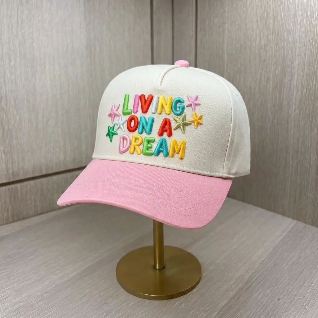 Living On A Dream Embroidered Trucker Hat, Cute Paste, Mesh Baseball Cap for Women & Teens, Gift For Her