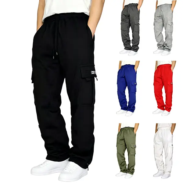 Men’s multi-pocket straight cargo sweatpants — drawstring elastic waist wide-leg casual pants, American high-street style loose cargo long pants
