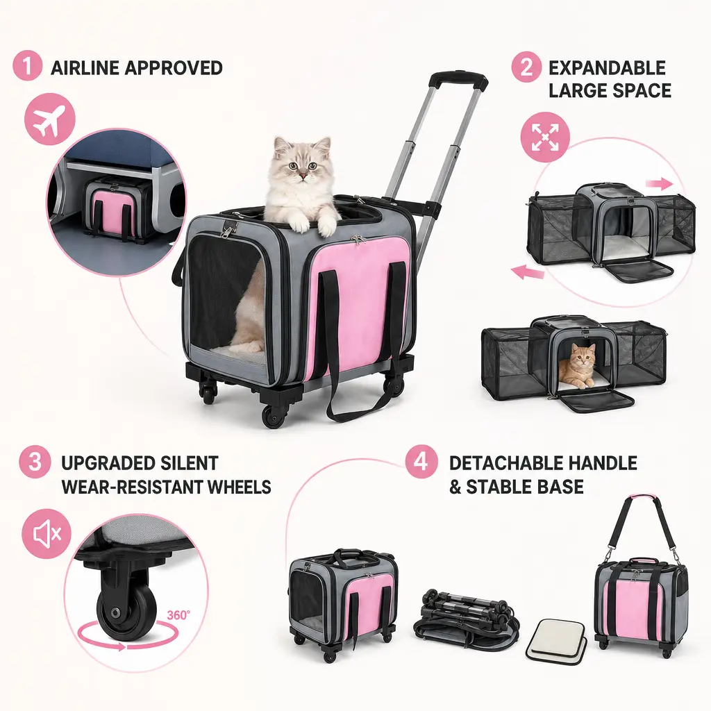 Rolling pet transport box with wheels, expandable rolling pet box - dual-sided design transport box that can be carried crossbody or handheld (with dual-sided cushion) Suitable for pet travel bags for dogs, usable in both winter and summer seasons
