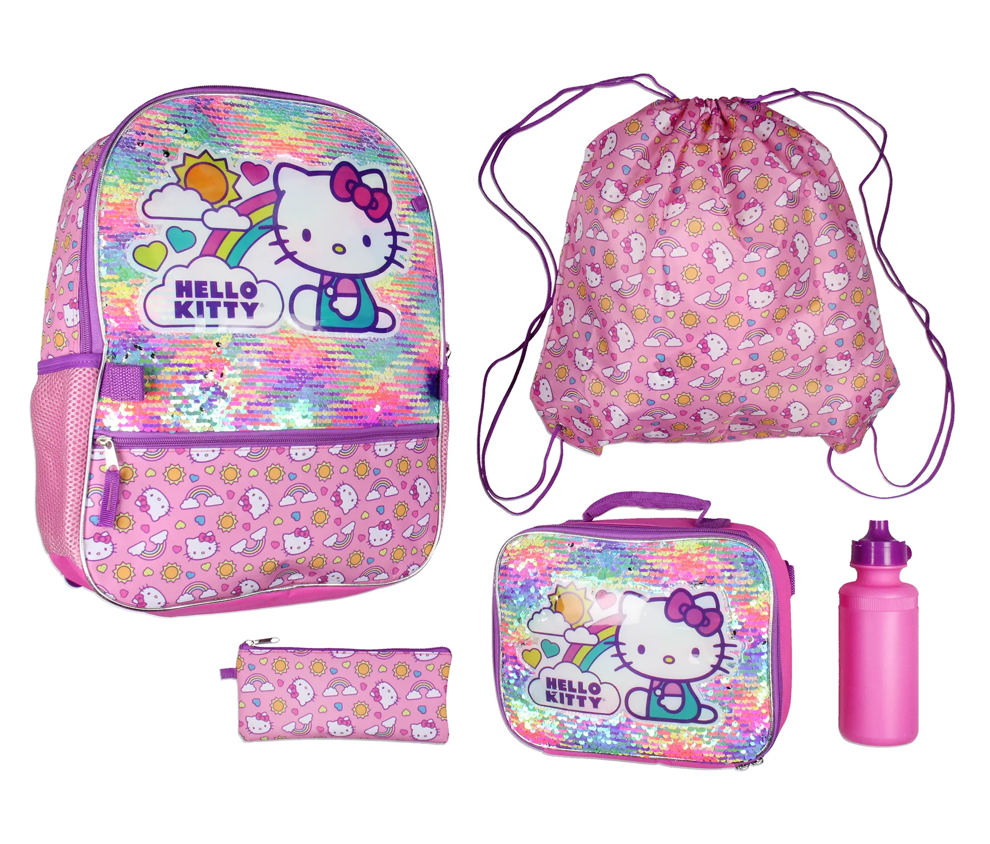 Sanrio Hello Kitty Travel Backpack Neon Rainbows Magic Sequins 5 Piece Set Lunch Bag Cinch Bag Gadget Case Water Bottle 16"