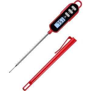 Digital Cooking Thermometer for Bread Baking, Food and Water Temperature Measurement. Waterproof and Long Stem with Meat Temp Guide, Display with Backlit (Red)