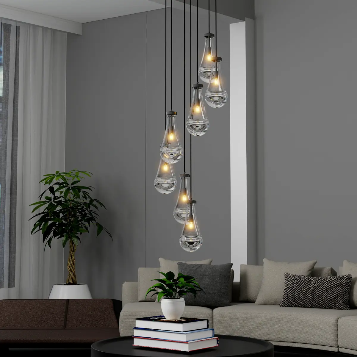 7 Light Dining Room Pendant Light, Large Chandelier Adjustable Hanging Line, Black Living Room Pendant Light, Foyer Chandelier, Stairwell Pendant Lights, Bedroom Chandeliers