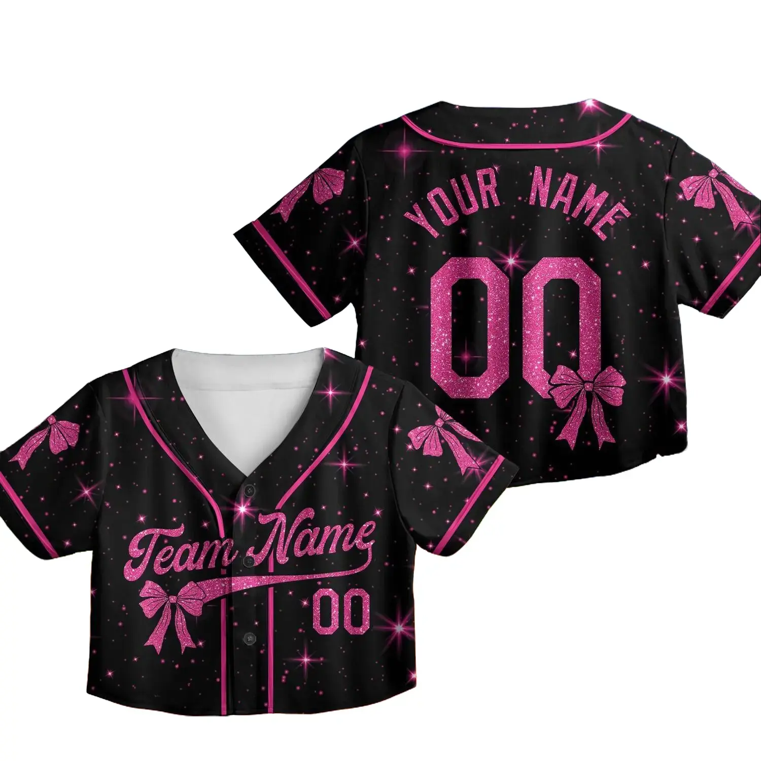 Custom Glitter Bow Baseball Crop Top - Cropped Baseball Jersey with Custom Name, Coquette Ribbon Shirt for Women, Sports Fan Gift, Baseball Crop Tops