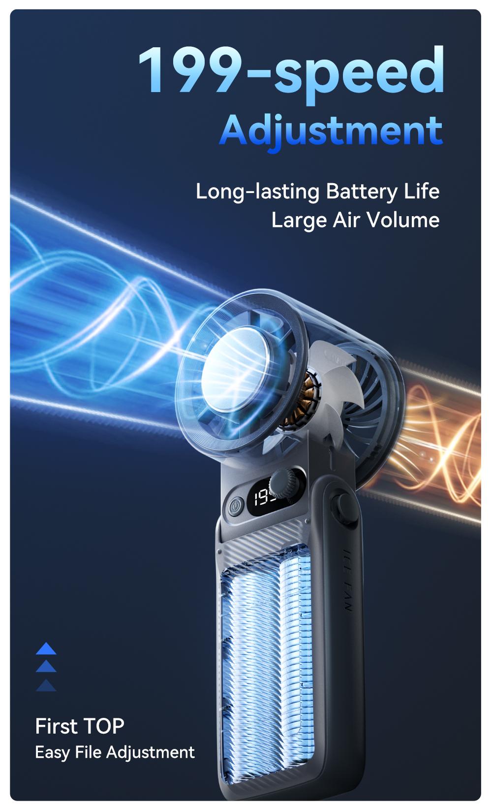Portable Handheld Turbo Fan, 3-in-1 Rechargeable, 199 Adjustable Levels, Up to 30 hours of use, with Digital Display, One-Click Semiconductor Cooling, 135° Adjustable Airflow, Ideal for Summer Travel & Outdoor Activities, High Speed Fan, Portable fan