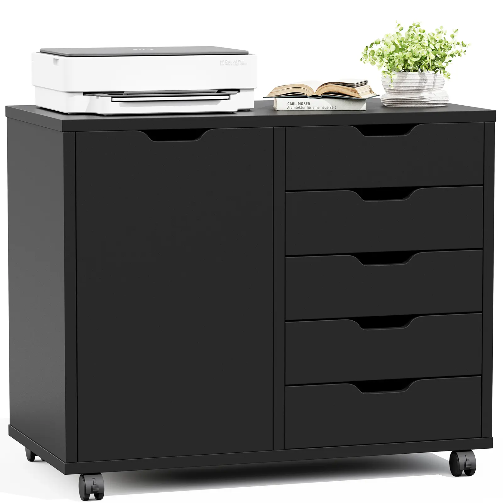 Drawer Wood File Cabinet,Mobile Printer Stand with Adjustable Shelf & Wheels,Storage Shelves for Home Office