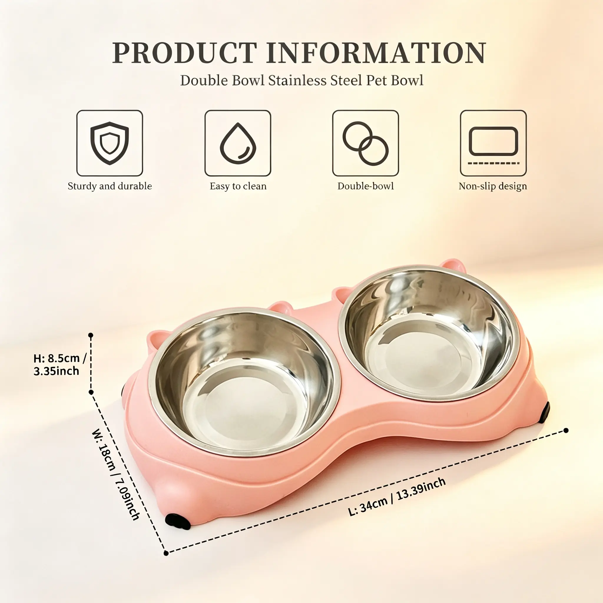 Macaron Pink Bear-Shaped Detachable Stainless Steel Pet Double Bowls, Non-Slip Base Easy-Clean Feeding Station for Small/Medium Cats & Small Dogs