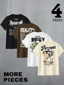 4 Packs Streetwear Short T Shirt Fabric Bundle - Multi-Style Geometric Graphic Tees (Reality/Make Money/Persever) | Casual Urban Outfit for Men Clothes