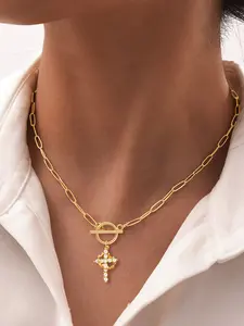 Women's Zirconia Crown Cross Pendant Necklace, Wonderful Necklace, Zirconia Crucifix Pendant, Detailed Pendant, Fashion Classic Ot Clasp Stainless Steel Chain, Gold/silver Color Jewelry