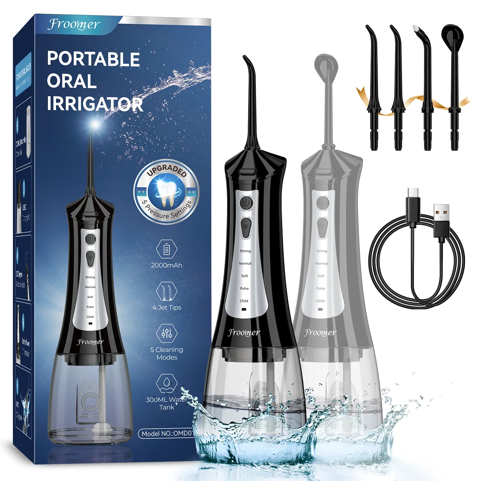 Cordless Water Flosser Teeth Cleanser for Plaque Removal, 5-Mode Rechargeable Oral Irrigator, Lightweight & Gentle for Sensitive Gums, Black, Teeth Cleaner, Oral Care, Plaque Remover, Whitening, Sensitive Teeth
