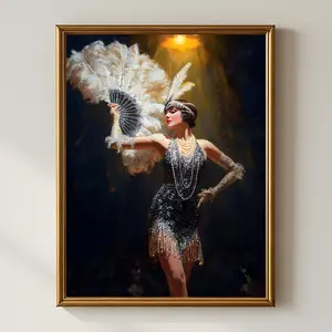 Art Deco Burlesque Decor – Glamorous 1920s Showgirl Wall Art, Vintage Dancer in Black Dress with Feathers, Elegant Room Decor, Unframed