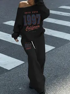 Women's 2-Piece Set, Slant Shoulder Design, Long Tube Pants, Loose Fit, Fashionable Simple Youth Street Casual Style, Fall & Winter, Chic, Outfit