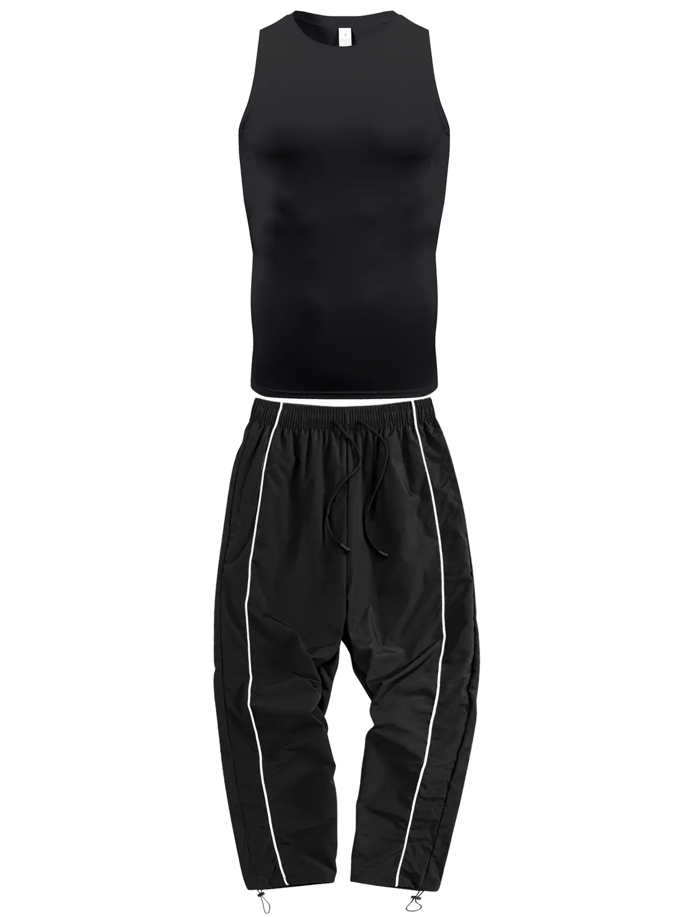 Men's Athletic 2 Piece Set for Summer Gym Workout Fitness Running, Round Neck Sleeveless Compression Shirt Tight Fit Tank Top Vest + Drawstring Elastic Waist Pants with Adjustable Cuffs Sporty Casual Trousers Sweatpants with Side Pocket