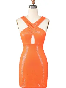 ZAPAKA Women Glitter Orange Halter Backless Sequins Tight Homecoming Dress Fabric Formal orange hoco dress