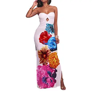 Flamingals Floral Print Twist Hollow Out Split Maxi Dress- Stylish Unique Design with Hollow Out Detail & Split for Modern Fashion