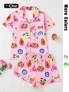 Women's Fruit Print Shirt & Elastic Waist Shorts Pyjama Two-piece Set, Casual Comfy Short Sleeve Top & Shorts PJ Set, Matching PJ Set, Ladies Sleepwear for All Seasons