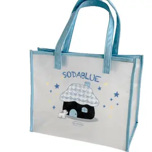 2026 New Style INS-Style PVC Transparent Beach Bag with Cute Cartoon Prints of Houses and Dogs, Simple Summer Travel Handbag for Women