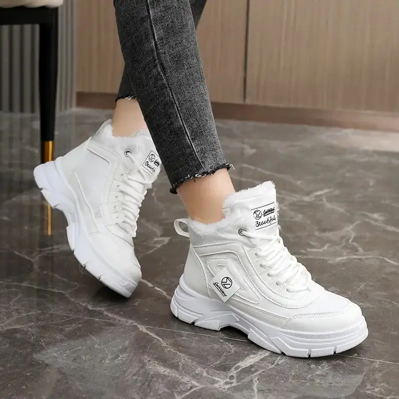 BDHJYDB Women's Korean Winter Boots with Fleece Lining - Chunky Platform Heel, Height-Increasing Mid-Calf Snow Boots, White/Black/Beige/Gray/Blue - Cushioned EVA Insole & Arch Support - Warm Winter Shoes for Everyday & Formal Outfits - PU Sole for Tractio