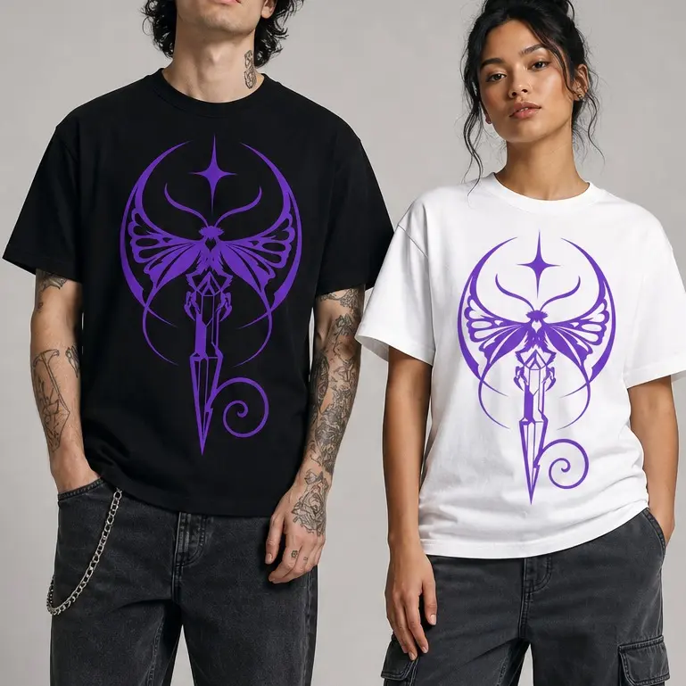 Unisex Gothic Moth Graphic T-Shirt, Purple Celestial Crystal Dagger Print, Black or White Short Sleeve Crew Neck Tee, Dark Aesthetic Streetwear for Men & Women, Summer Festival Outfit
